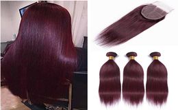 Peruvian 99j Straight Virgin Hair Weave With Closure Peruvian Burgundy Human Hair 3 Bundles With 4x4 Lace Closure9045501
