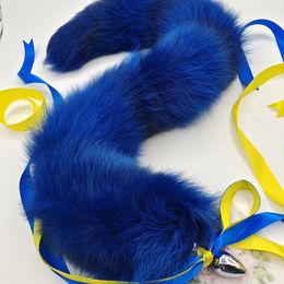 70cm/27.5"-Royal Blue Real Fox Fur Tail Plug Funny Adult Sex Sweet Games Costume Party Cosplay Toys