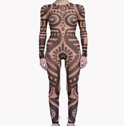 Summer Women VintageTribal Tattoo Print Mesh Jumpsuit Curvy African Runway Sheer Bodysuit Celebrity Jumpsuit Catsuit9922775