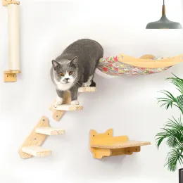 Scratchers Wall Mounted Cat Wooden Furniture Climbing Shelves 4 Steps Ladder Perches and Scratching Post for Cat Wall Playing and Sleeping