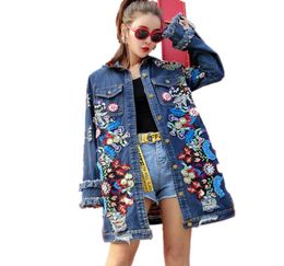 Spring Autumn Long Sleeve Embroidery Floral Denim Trench Coat Women Tassels Ripped Holes Jeans Coat Hip hop Streetwear Outwear7229590