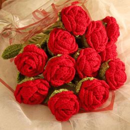 Decorative Flowers Home Decoration Artificial Wedding Room Decor Handmade Crocheted Yarn Rose Flower Valentines Bouquet