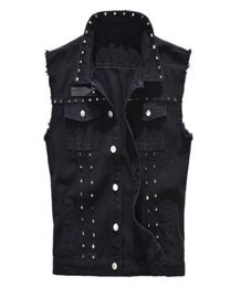 Fashion High Street Men Denim Vest Punk Style Rivet Jeans Waistcoat Plus Size M5XL Male Motorcycle Sleeveless Jean Jacket Black9717386