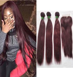 Peruvian Human Hair 3 Bundles with 4X4 Lace Closure Straight 99J Burgundy Dark Red Virgin Colored Hair Weave Wefts Extension 12244104780