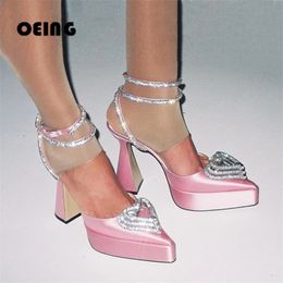 Women Triple-heart Satin Pumps Sexy Pointed Toe Block-heeled Slingback Pump Female Crystal Ankle Straps Wedding Bride Shoes 42 240227