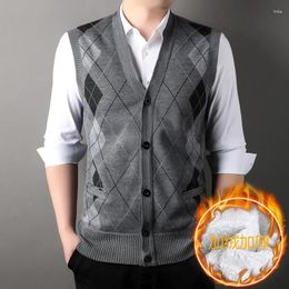 Men's Sweaters Vintage Knitted Sleeveless Cardigan Vest For Men Plaid Print Warm Thicken Male Sweater Jacket Winter Autumn Fleece Jumper