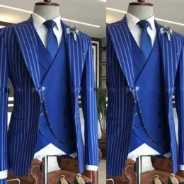 Suits New Blue Grey Navy Rope Stripe Wedding Tuxedos 3 Pieces Slim Fit Mens Suit Blue Males Prom Blazer Trousers(Jacket+Pants+Vest)