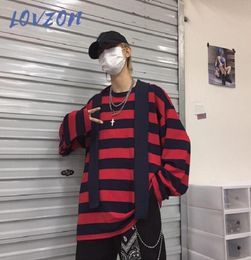 LOVZON Trendy Fashion Punk Men Harajuku Black Red Striped Tshirt Male Loose Oversize Long Sleeve ONeck T Shirt Tops Summer6491389