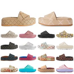 Top Quality Fashion Rubber Platform Slides Designer Sandals Women Canvas Plate-forme Sliders Black Pink Cream White Beige Grey Brown Beach Shoes Flat Slippers