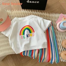 Clothing Sets Bear Leader Girls Clothes Summer Cute Rainbow Short Sleeve Kids T-Shirts Striped Pants 2Pcs Children Suit