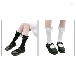 Women Socks Japanese Student Calf Long Sweet 8pcs Ribbon Bowknot Black White Anime Hosiery Stockings For