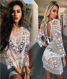 Swimwear Cover Up Women White Lace Tunic Beach Dress Clothing Backless Bathing Suit Crochet Bikini Swimming Beach Wear5570896