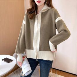 Women's Knits Spring And Autumn Outwear Stand Up Neck Zipper Fashion Slimming Knitted Cardigan Color Block Coat