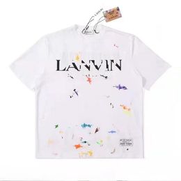 version trendy brand Langfan Lanvi co branded with the same splashed ink letter hand drawn graffiti print short sleeved T-shirt for men and women with short sleeves S-XL