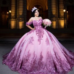 Luxury Pink Quinceanera Dress 2024 Applique Lace Beads Tull Princess Ball Gown Sweet 15 Vestidos De XV Anos Party Gown