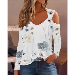 Women's Blouses Elegant Women Shirt Top Y2K INS Clothes 2024 Casual Fashion Off Shoulder Strap V Neck Print Loose T-shirt Blouse Streetwear