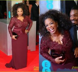 Oprah Winfrey Yeni Tasarımcı Burgundy Kılıf Gelin Elbiseleri Annesi V yaka Dantel Uzun Kollu Artı Boy Boyu Damat Elbiseleri Bo6383