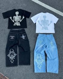 Jeans Y2k Retro Skull Embroidery Pattern Men Women Loose Jeans Harajuku Hip Hop Straight Casual Loose Pants for Streetwear 240219