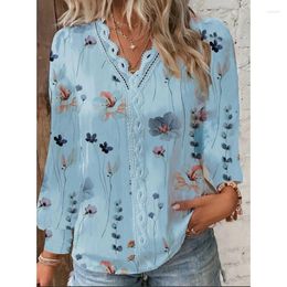 Women's Blouses Casual Fashion Long Lantern Sleeve V Neck Floral Print Blouse T-shirt Elegant Lace Shirt Top For Women 2024 Y2K INS Clothes