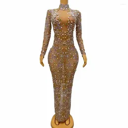 Stage Wear Sexy Sparkly Colorful Rhinestones Nude Transparent Dress Evening Birthday Wedding Celebrate Costume Prom Party Show