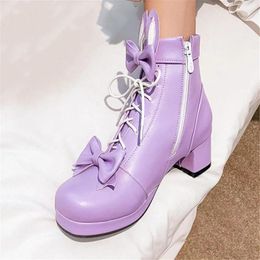 Boots PXELENA 6 Candy Colour Large Size 34-45 Princess Lolita Cosplay Ankle Bowtie Costume Uniform Mary Janes Shoes Women