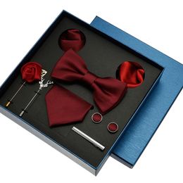 Men Tie Silk Necktie Man Bowtie Hanky Brooches Cufflinks And Clip For Accessories Red Burgundy Wedding Gifts Set 240228