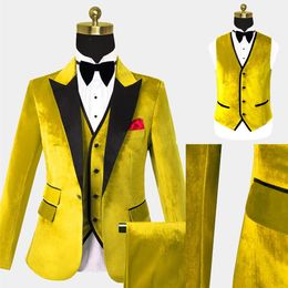 Trim Fit Wedding Men Suits Tuxedos Groom Wear Splicing Colour Gold Formal Suit Custom Size Peaked Lapel 3 Pieces Blazer+Vest+Pant