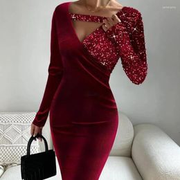Casual Dresses 2024 Elegant And Sexy Red Spring Autumn Women's Solid Colour Sequin Spliced Velvet Long Sleeve Tight Dress