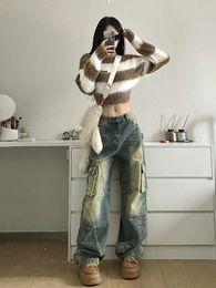 Oversized Heavy Duty Washed Pocket Cargo Jeans Women Y2K Retro Streetwear Hip Hop Loose Girl Fashion Casual Straight Jeans 240227