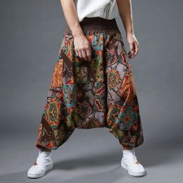 Pants Cotton Linen CrossPants Men Indian Nepal Wide Leg Pants Baggy Print Drop Crotch Bloomers Streetwear Hip Hop Dance Trousers