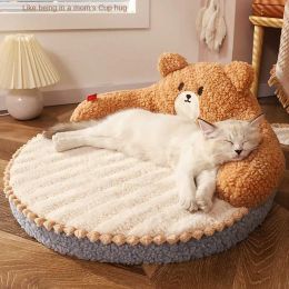 Mats Cartoon Round Pet Sofa Bed Cushion Large Dog House Cat Sleeping Litter Kitten Supplies Winter Warm Little Bear Cama Perro Grande