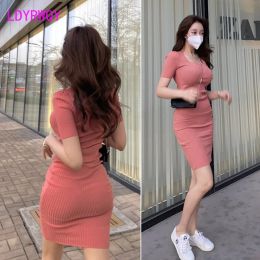 Dresses 2020 Summer Korean Women's Temperament Tight Body Short Sleeve Dress Hip Pack Kneelength Office Lady Knitting Cotton