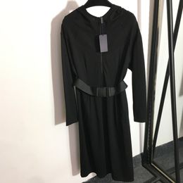Fashion Hooded Dress Trendy Waist Belt Long Dresses Black Long Sleeve Skirts Luxury Zipper Neck Dress Clothing