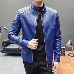 Autumn Mens Fashion Brand Leather Jacket Solid Color Stand Collar Slim Biker Coats High Quality Men Windproof PU 240229