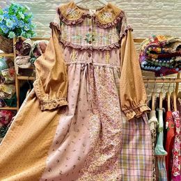 Casual Dresses Mori Girl Cotton Linen Cottagecore Patchwork Long Sleeve Midi Dress Autumn Vintage Retro Shabby Chic Lace Collar Kawaii