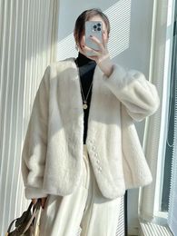 Women's Fur Imitation Mink Furry V-neck Jackets Women Elegant Short Faux Coat Ladies Casual Loose 2024 Autumn Winter Outerwear