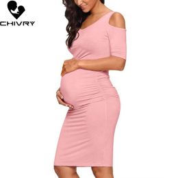 Dresses Chivry New Maternity Women Pregnancy Dresses Mama Clothes ONeck Solid Sexy Off Shoulder Bodycon Pregnant Women Casual Dress
