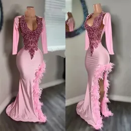 Pink Long Prom Dress 2024 Beaded Crystal Birthday Party Dresses Slit Evening Gowns Feathers Formal Gown