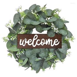 Decorative Flowers AT35 Artificial Eucalyptus Wreath 11Inch Welcome With Wooden Sign And Leaves For Front Door Decoration