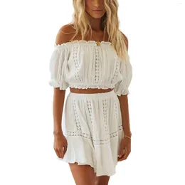 Work Dresses Two Piece Women Solid Holiday Sets Off Shoulder Short Lantern Crop Top High Waist Mini Skirts Female Fashion Summer Outfits