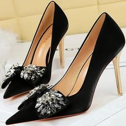 Dress Shoes Western Style Party Luxury Women 10.5cm High Heels Silk Shallow Pointed Toe Crystal Butterfly Knots Stiletto Lady Prom