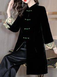 Trench Stylish Sleeve Embroidery Vintage Velvet Kimono Trench New women ONeck Windbreaker Coat Outerwear clothes