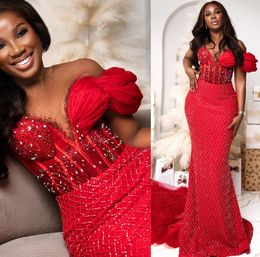 2024 Aso Ebi Red Mermaid Prom Dress Sheer Neck Crystals Beaded Evening Formal Party Second Reception 50th Birthday Engagement Gowns Dresses Robe De Soiree ZJ90