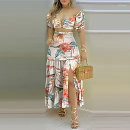 Work Dresses Summer Women's Dress Sets Sexy Bohemian Off Shoulder Printed Split Skirt Two Piece Set High Waist