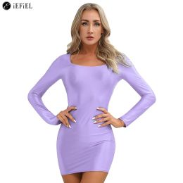 Dress Women's Long Sleeve Bodycon Dress Glossy Solid Color Pencil Miniskirt Pole Dancing Rave Party Clubwear Casual Sport Loungewear