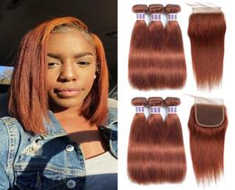 Brazilian Virgin Hair 3 Bundles with 4x4 Lace Closure 33 Auburn Red Color Silky Straight Human Hair Weave Bundles with Closure Pr9962001