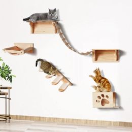 Scratchers Wooden Cat Wall Mounted Climbing Shelves Cat Hammock with Steps Stairway and Jumping Platform Cat Perch Pet Furniture