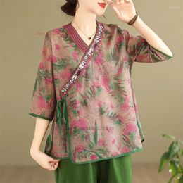 Ethnic Clothing 2024 Chinese Improved Blouse National Flower Embroidery Print V-neck Traditional Cotton Linen Meditation Zen Loose Shirt