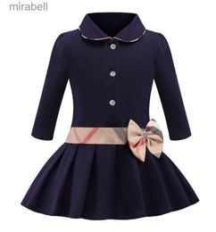 Dresses Kids Girl Lapel Collar bowknot Long Sleeve Dress Pleated Toddler Elegant Autumn Baby Children Designer Clothes 240302