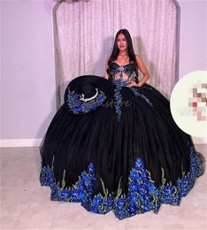 Luxury Black Mexican Vestidos De 15 Quinceanera 2024 Sweetheart Puffy Charro Fifteen Birthday Dress Vestidos De Xv Anos Flowers Luxury Sweet 16 Party Gowns Princess